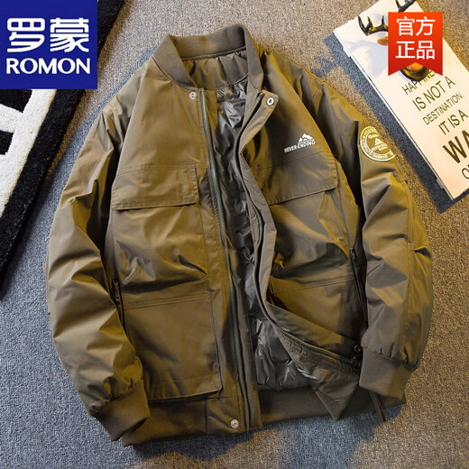 罗蒙（ROMON）美式工装羽绒服男士外套2025秋冬季新款潮流痞帅棒球领飞行员夹克 咖绿色 白鸭绒羽绒服 M 100-115斤