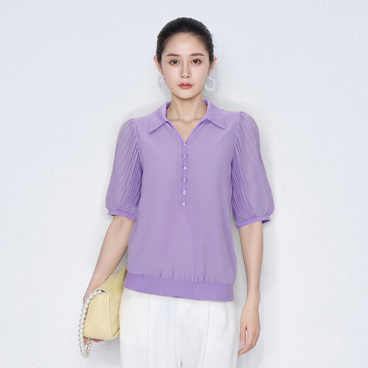 MY TENO Martino 2026 spring and summer new style French lapel half-breasted pullover shirt pleated short-sleeved shirt top temperament pink 2XL 44/2XL