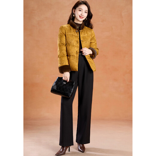 Kebel Chinese style fur stitching warm coat women's winter new style Hongyun high-end light luxury down jacket yellow M