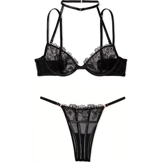 Victoria's Secret Embroidered Rose Patent Leather Soft Ultra-Thin Halter Neck Bra Underwear Set Women's Black Suit (Black) M 34B+