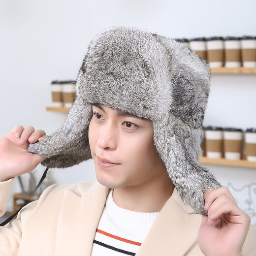Pupan middle-aged and elderly rabbit fur hat men's winter real fur straw hat thickened Northeast Lei Feng hat outdoor warm ear protection cotton hat black M (56-58cm)