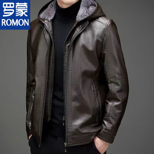ROMON Haining leather men's fur all-in-one jacket middle-aged and elderly sheepskin plus velvet thickened leather jacket dad's outfit black hat style plus velvet thickened L 175 code 90-110Jin Jin is equal to 0.5 kg