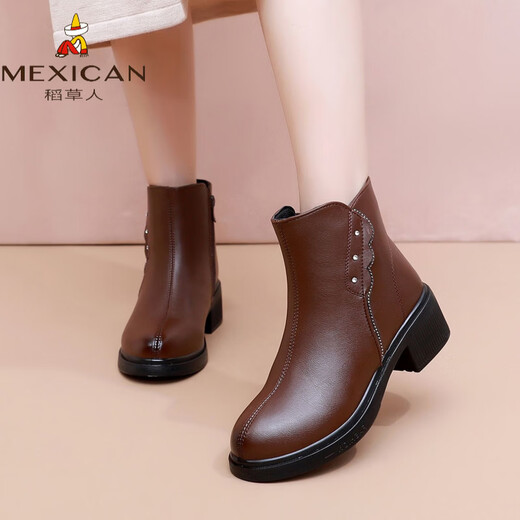Scarecrow genuine leather mother's shoes, short boots, cotton shoes, warm women's shoes, middle-aged, middle-aged and elderly leather shoes, comfortable autumn and winter style, brown 8306 plus velvet to keep warm 35