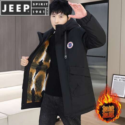 JEEP SPIRIT parka men's winter jacket plus velvet and thickening mid-length windproof jacket trendy winter warm cotton jacket for men 2801 black plus velvet and thickening M 90-110Jin Jin is equal to 0.5 kg