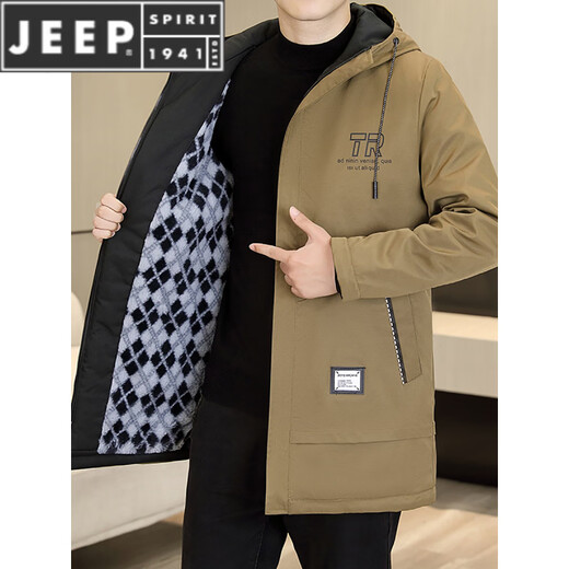 JEEP SPIRIT autumn and winter mid-length windbreaker men's hooded plus velvet thickened parka cotton clothing trendy handsome casual jacket Khaki M