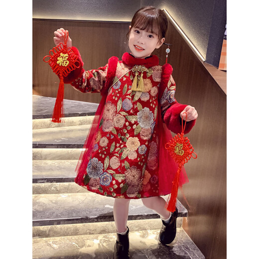 Disney Girls Princess Dress Chinese Style Cheongsam Winter Clothing New Girls Velvet Han Dynasty Clothing Children New Year Clothing Red 140