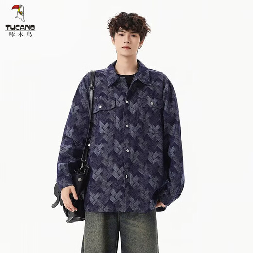 啄木鸟（TUCANO）做旧美式水洗提花满印牛仔外套男生痞帅宽松复古工装夹克春秋新款 黑色 M