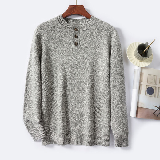 Jinju thickened 100% sheep wool 2026 new winter round neck half placket button casual sweater men's wool sweater jet black 3XL