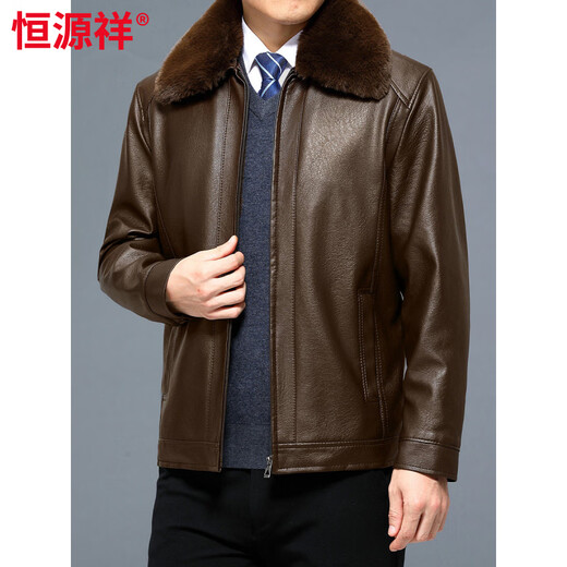 Hengyuanxiang winter middle-aged and elderly velvet thickened detachable fur collar leather jacket loose dad wear middle-aged men's leather jacket 1004 brown velvet thickened XL 180/56 code 140-160Jin Jin equals 0.5 kg