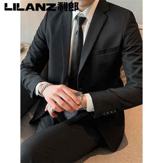 Lilang suit suit men's jacket business casual spring and autumn top groomsman suit groom wedding professional formal suit 09/* (2 pieces) black suit + trousers S (suitable for 80-95 Jin Jin equals 0.5 kg)