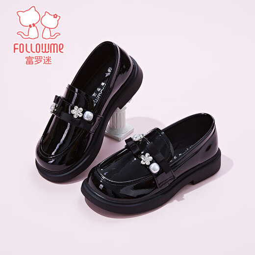 Fuluo Mi Girls Leather Shoes Spring Sweet and Fashionable Campus Loafers Little Girls One-Piece Soft Sole Shoes Shadow Black 32