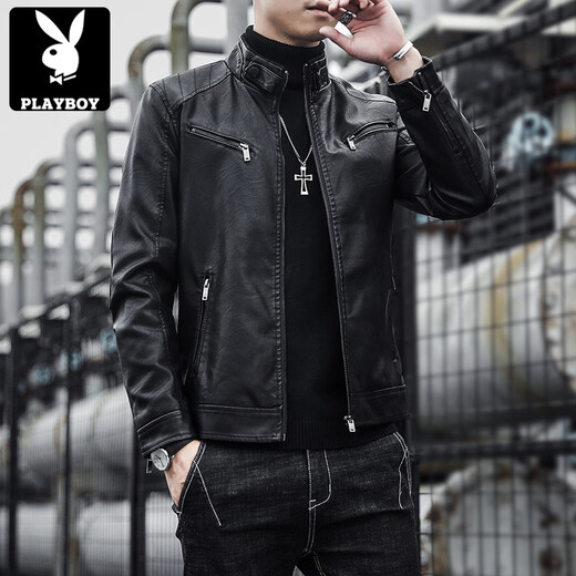 Playboy (PLAYBOY) leather jacket men's stand collar Haining trendy brand handsome casual autumn and winter motorcycle leather jacket large size coat A609 black without velvet L 105-120Jin Jin equals 0.5 kg