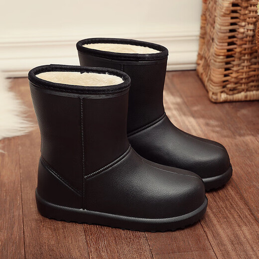 冬季加绒保暖雨鞋女防水防滑中筒加棉雨靴EVA轻便厨房洗车工作鞋 黑色 36-37