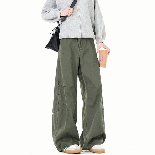 LOMBT Mono retro americano para hombre, pantalones casuales rectos, altos y versátiles, de pierna ancha, de algodón puro, de primavera, LX18, verde militar, L