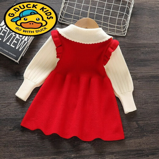 G.duck Girls Autumn Knitted Skirt 2025 New Baby Girl Fashionable Princess Skirt Cartoon Sweater Skirt Autumn and Winter Lapel Dress Pink Thickened 80 Weight 15-21Jin Jin is equal to 0.5 kg