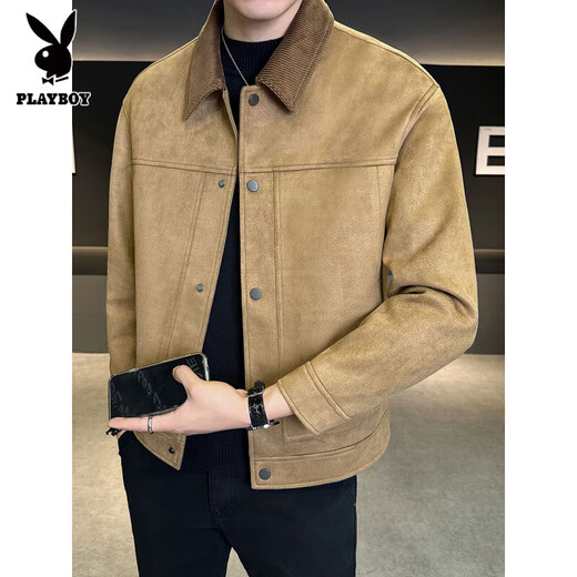 Playboy Suede Jacket Men's Autumn and Winter 2025 New Casual Gown Spliced Velvet Thickened Leather Jacket Men's Leather Jacket Gray Velvet L