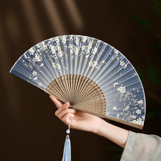 Fantasy Fan Folding Fan Women's Chinese Style Ancient Style Classical Folding Fan Japanese Craft Fan Sakura Folding Small Fan D12 Blue Cherry Blossom Daily Fan