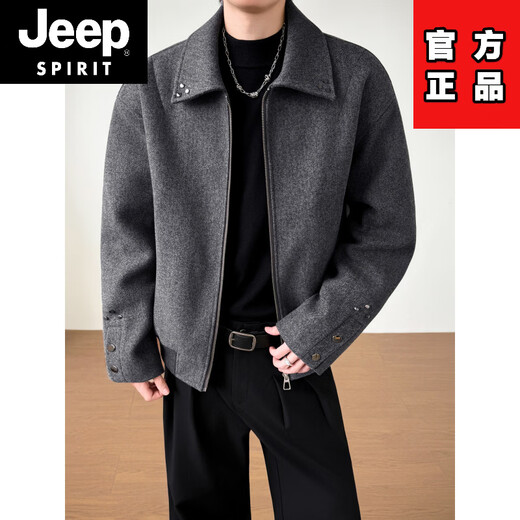 JEEP SPIRIT Korean design woolen jacket men's autumn and winter thickened tops handsome trendy brand lapel woolen jacket black 2XL