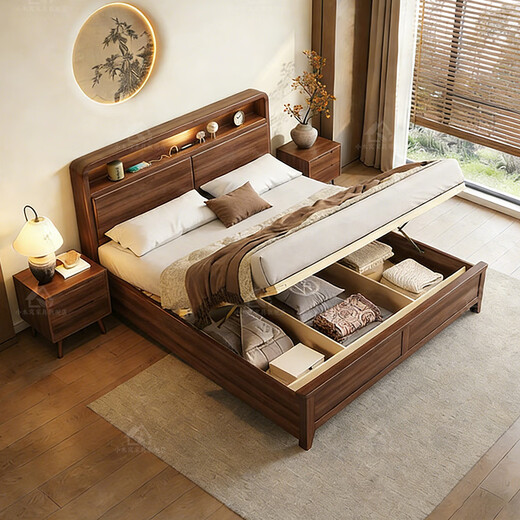 Small wooden nest solid wood bed black walnut mid-century style 1.8m double bed bedroom with light soft package bedside high box storage bed bed silent dovetail bed board 1200*2000 solid wood bedside with light and sub charging