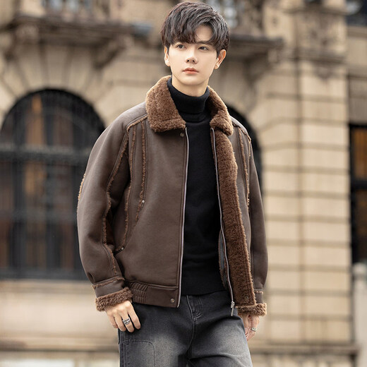 GENIUS国际一线品牌皮毛一体外套男冬季潮牌羊羔毛夹克加绒加厚羊羔绒棉 咖啡色 M