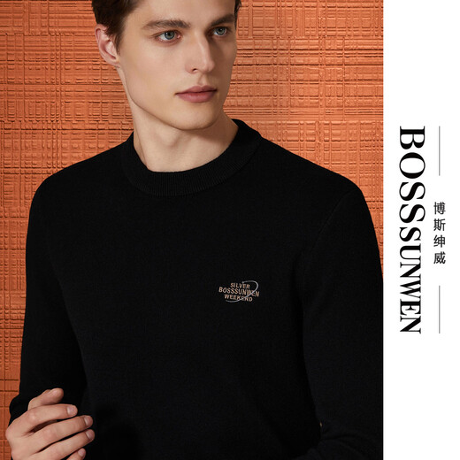 Bosssunwen thickened velvet recommended for winter, skin-friendly and warm solid color bottoming shirt, exquisite embroidery men's woolen sweater, black L