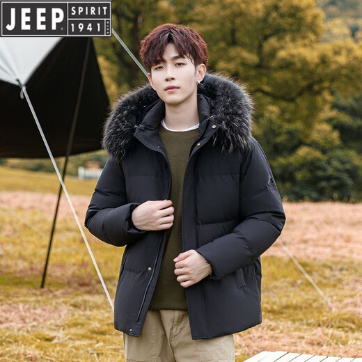 JEEP吉普男士羽绒服短款冬季新款毛领加厚保暖外套休闲宽松防寒服男款 水墨蓝【带毛领】 M