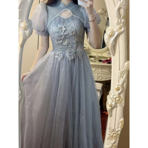 Aoyou's new silver-gray fugitive princess evening dress, feminine niche temperament banquet super fairy performance costume, silver-gray XS