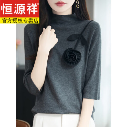 Hengyuanxiang early autumn five-quarter sleeve sweater for women half turtleneck with retro intellectual mid-sleeve sweater base layer black L 115-130