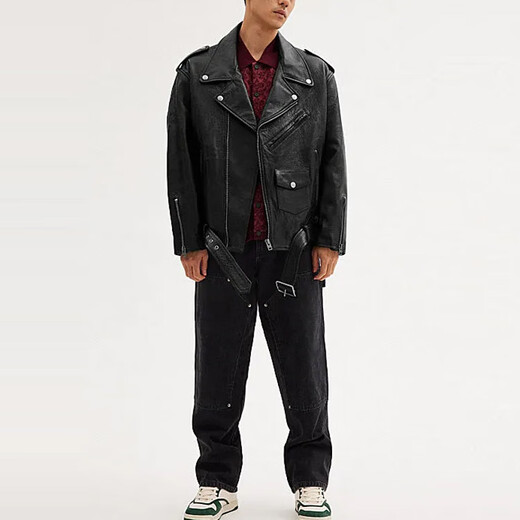 COACH FW solid color zipper lapel long-sleeved casual leather jacket for men black black M