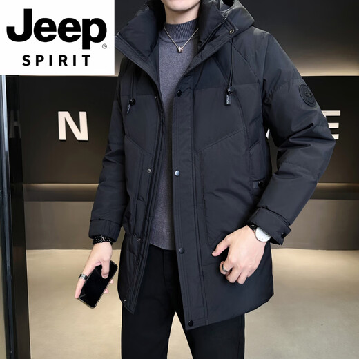 JEEP SPIRIT中长款羽绒服男装冬季2025新款潮牌加厚保暖帅气连帽鸭绒防寒外套 白灰色 XL