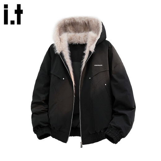 CHOCOOLATE it American retro black loose fur collar cotton jacket for men winter new warm outdoor casual versatile jacket black M recommended 90-125Jin Jin equals 0.5 kg