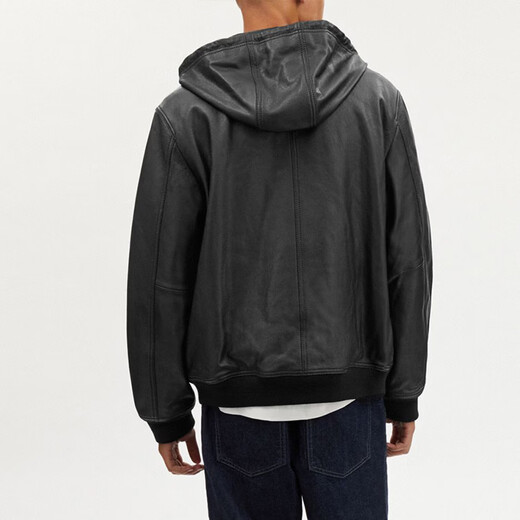 COACH SS Solid Color Zipper Pocket Hooded Casual Leather Jacket Men's Black Black S