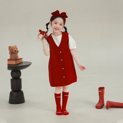 UTOUTO Big Ear Elephant Girls Pocket Sweater Vest Skirt 2026 Spring Pure Wool Knitted Sleeveless Skirt 2613033 New Year Red 100
