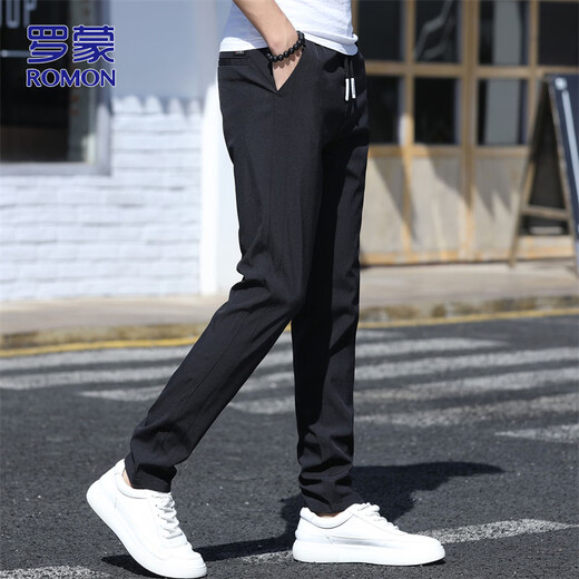 ROMON pants men's spring new men's business casual pants trendy slim commuter straight trousers black 36
