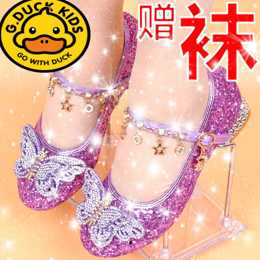 G.duck Little Yellow Duck Girls Crystal Shoes Children's High Heels Frozen Princess Shoes New Elsa Cinderella Spring and Autumn Purple 2168-42A With Socks Size 33/Shoe Inner Length 21cm
