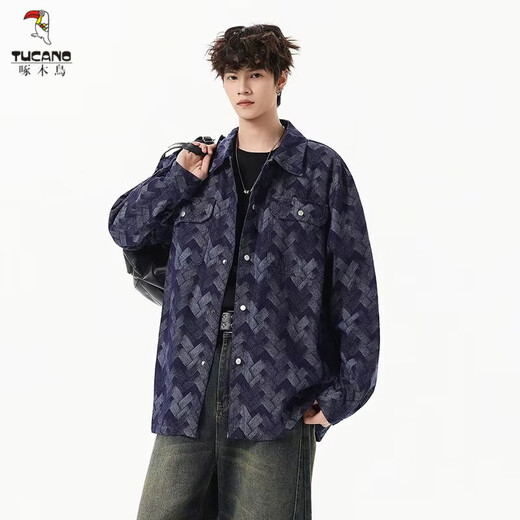 啄木鸟（TUCANO）做旧美式水洗提花满印牛仔外套男生痞帅宽松复古工装夹克春秋新款 黑色 M