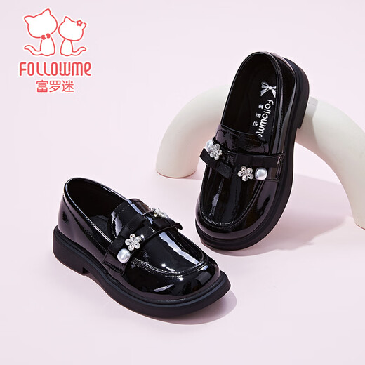 Fuluo Mi Girls Leather Shoes Spring Sweet and Fashionable Campus Loafers Little Girls One-Piece Soft Sole Shoes Shadow Black 32
