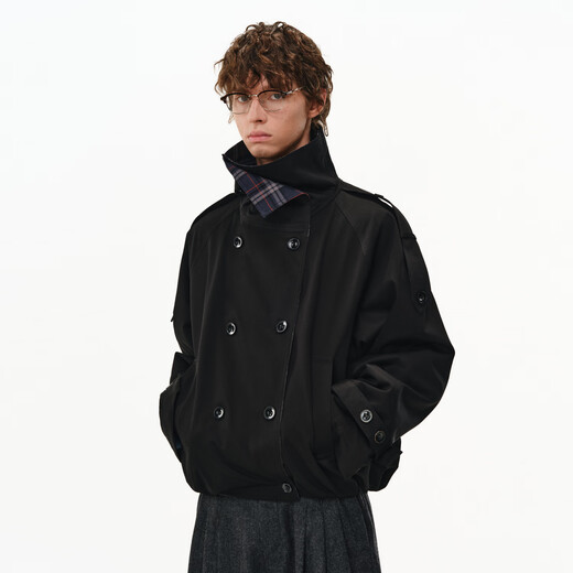 PCLP retro splicing plaid windbreaker jacket winter national fashion multi-wear silhouette stand-up collar design windbreaker jacket black M