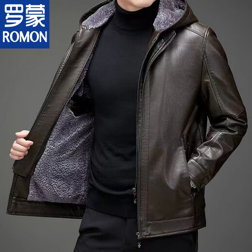 ROMON Haining leather men's fur all-in-one jacket middle-aged and elderly sheepskin plus velvet thickened leather jacket dad's outfit black hat style plus velvet thickened L 175 code 90-110Jin Jin is equal to 0.5 kg