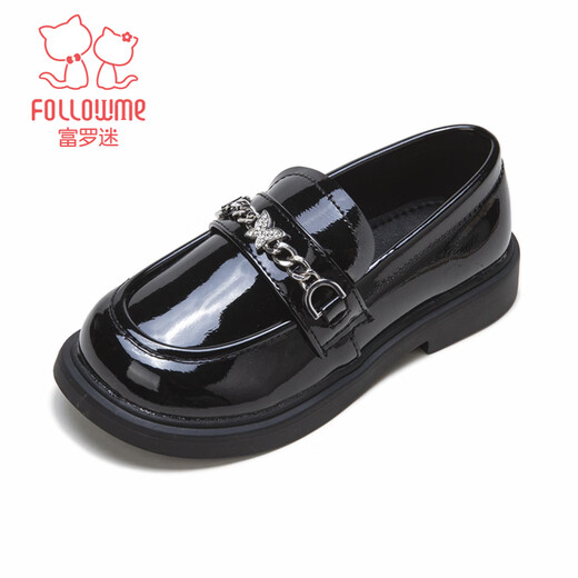 Fuluo Mi Girls' Leather Shoes 26 Spring Fashionable Loafers Children's Soft Soled Lightweight Single Shoes Shadow Black 29