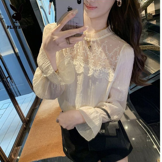 Playboy (PLAYBOY) new velvet French palace style loose beaded stitching lace trumpet sleeves stand-up collar shirt women's tops apricot regular style S