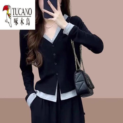 Woodpecker (TUCANO) large size fake two-piece V-neck long-sleeved T-shirt for women in spring and autumn fat MM slim-fitting bottoming shirt slimming cardigan new top Picture color L Recommended 100Jin Jin is equal to 0.5kg -120Jin Jin is equal to 0.5kg