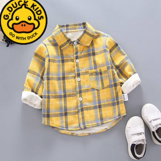 G.duck boys' velvet warm bottoming shirt autumn and winter children's style plaid shirt 1-3 baby girl 6 cardigan jacket top MTY shirt velvet 100cm recommended for 2-3 years old