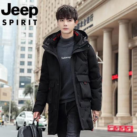 JEEP Jeep International Brand Мужская пуховик средней длины, новинка 2025 года, зимняя утолщенная куртка с капюшоном большого размера, белая куртка на утином пуху, черная M 80-110Jin Jin равна 0,5 кг