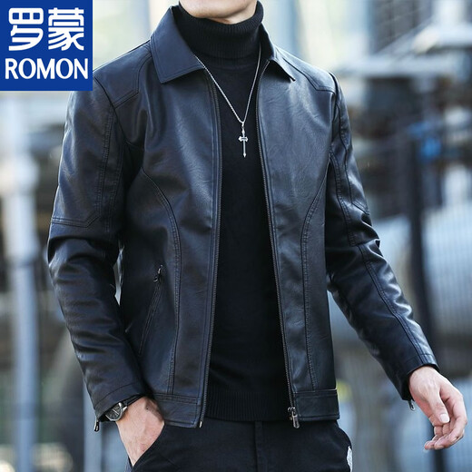ROMON Leather Men's Jacket Haining Motorcycle Lapel Plus Velvet Warm Autumn and Winter Young and Middle-aged Men's Slim Leather Jacket Pocket Style Black Single Jacket M Recommended 90-115 Jin Jin equals 0.5 kg