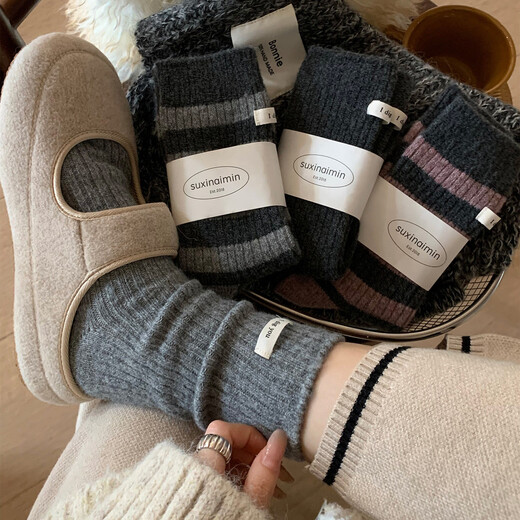 Wool striped cloth label socks women's mid-calf socks autumn and winter thickened plus velvet warm ins trendy Birkenstock stockings coffee khaki milk white medium gray light gray one size fits all size 3540 warm care