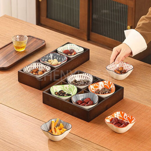 Fantasy walnut color nine-square grid tray household dried fruit tray fruit snack tray around the stove tea snack tray divided grid tray walnut two-square grid
