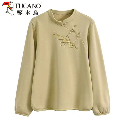 Woodpecker (TUCANO) Retro New Chinese Button Top Women's 2025 Autumn and Winter New Improved Cheongsam Collar Light National Style Embroidered Shirt Apricot 3XL Recommended 150-170 Jin Jin equals 0.5 kg