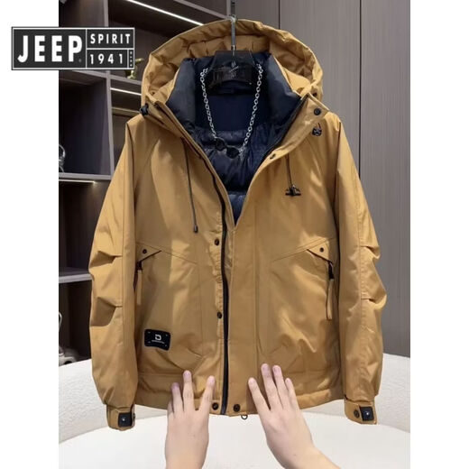 JEEP SPIRIT吉普工装连帽羽绒服男2025冬季新款美式简约青年户外保暖纯色鸭绒 绿色 XL 建议体重140-155斤