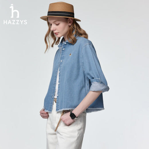 HAZZYS Women's Clothing Spring Women's PHIZ Series Washed Short Denim Long Sleeve Shirt Women ASCSK1DAX06 Blue BL M (160/84A 38)